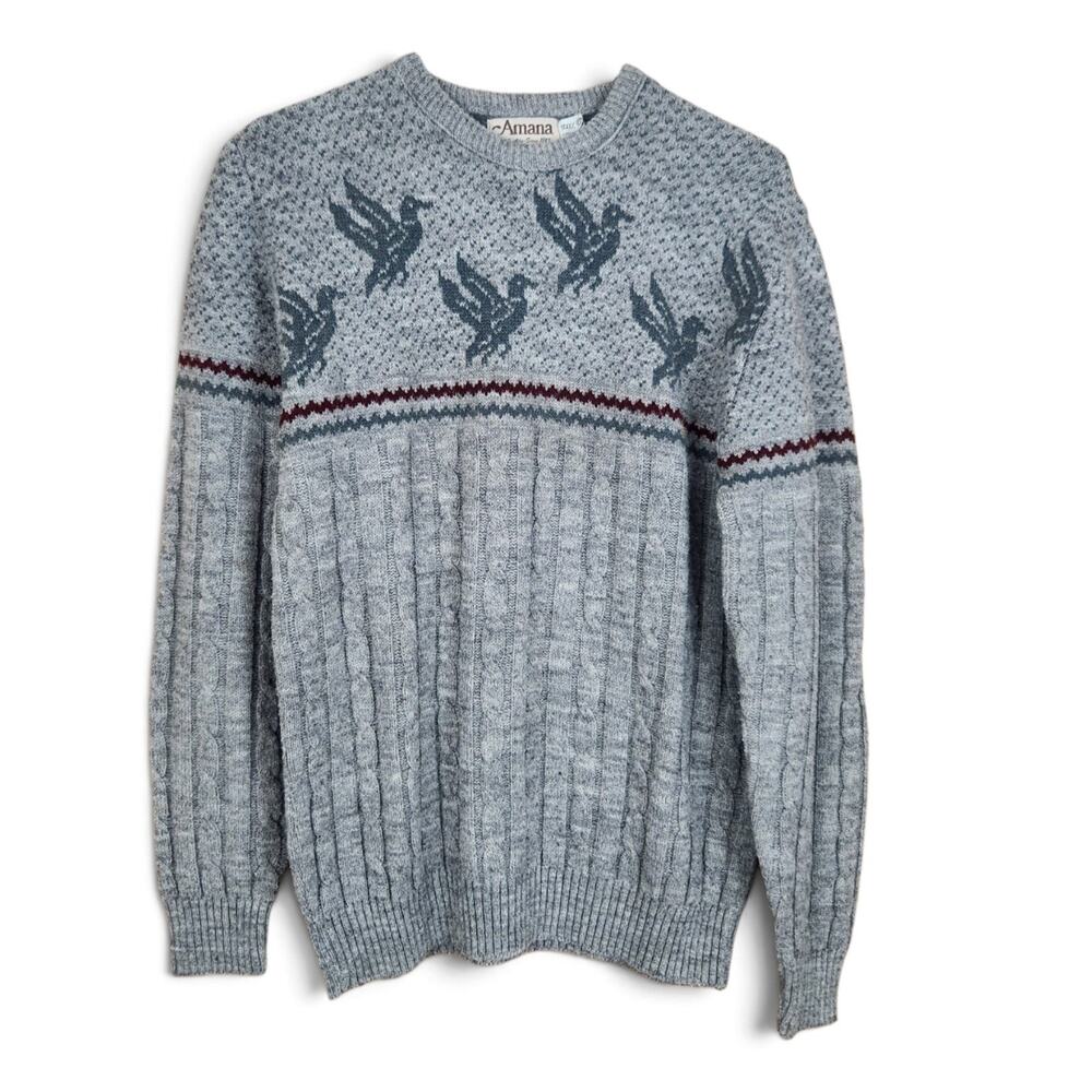 Mens 60s Vtg Flying Ducks Acrylic Cable Knit Sweater LARGE Hunting Winter Gray